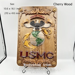 United States Marine Corps, Wooden Wall Art, Patriotic, CNC Precizion Carving in Cherry Wood.