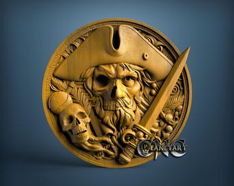 Pirata y Calavera, Modelo STL 3D, Grabador CNC, Artcam, Aspire, Archivos CNC, Madera, Arte, Decoración de Pared, CNC