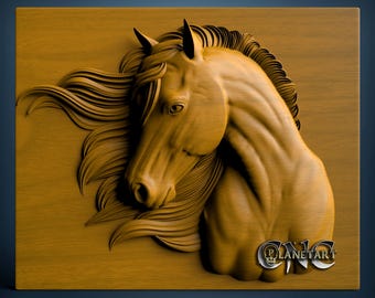 May include: A detailed wooden carving of a horse's head and flowing mane. The horse is depicted in profile, with intricate details in the wood grain and the horse's features. The carving is mounted on a rectangular wooden panel. The logo "CNC Planet Art" is visible.