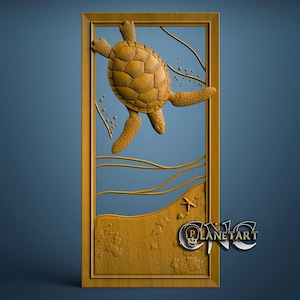 May include: A wooden wall art piece featuring a detailed carving of a sea turtle swimming above a beach scene. The artwork is framed in a rectangular shape with a light brown finish. The design includes waves, bubbles, and a starfish.