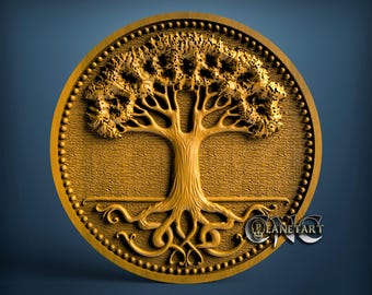May include: A detailed, golden-colored relief carving of a tree within a circular frame. The tree's branches and roots are intricately designed, with a textured background. The outer edge features a beaded border. The logo "PLANET ART" is visible in the lower right corner.