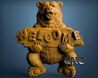May include: A wooden bear sculpture holding a sign that reads "WELCOME". The bear is carved with detailed fur and facial features, and the sign has a rustic, textured appearance. The sculpture is a warm, natural wood color.