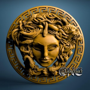 May include: A golden-colored, circular relief sculpture of Medusa's head, featuring intricate details of her hair and snakes. The sculpture is framed by a Greek key border and the text "PLANETART" is visible.