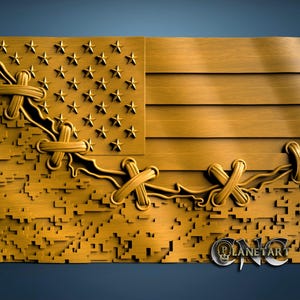 May include: A wooden carving of the American flag with a unique design. The flag is depicted with stars and stripes, but the stripes are separated and held together with large, decorative stitches. The piece is finished in a warm, natural wood tone.