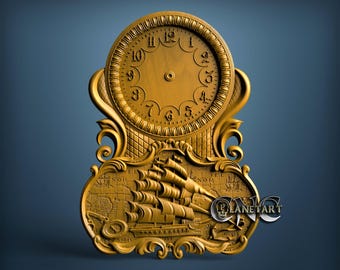 May include: A detailed, gold-coloured clock with an ornate design. The clock face features Roman numerals. Below the clock face is a detailed carving of a sailing ship and a map. The clock has a decorative frame and is set against a blue background.