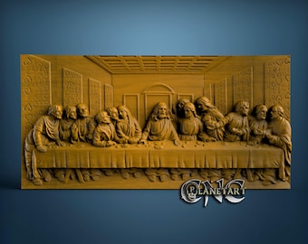 May include: A wooden relief carving depicting the Last Supper. The artwork features detailed figures seated around a long table, with architectural elements in the background. The piece is carved from light-colored wood.