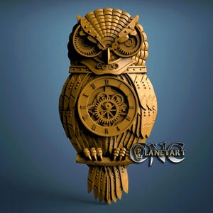 May include: A detailed, golden-brown owl clock with a steampunk aesthetic. The clock features Roman numerals, visible gears, and a perched design. The owl's eyes and feathers are intricately carved, and the clock is mounted on a branch.