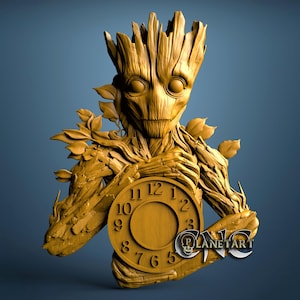 May include: A wooden wall clock featuring a stylized figure resembling a tree-like humanoid, holding a clock face. The clock has a light brown color and is set against a blue background. The clock face displays the numbers 1 through 12.