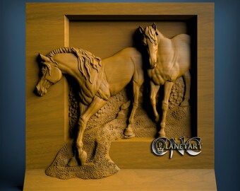 May include: A wooden relief carving of two horses within a rectangular frame. The horses are depicted in a detailed, three-dimensional style, with one horse in the foreground and another behind it. The carving is in shades of brown, with the logo "PLANETART" in the bottom right corner.