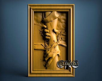 May include: A framed wooden relief sculpture depicting two hands reaching out to each other. The hands are carved in detail, with a textured surface and a sense of movement. The frame is a warm gold color, and the background is a dark blue.