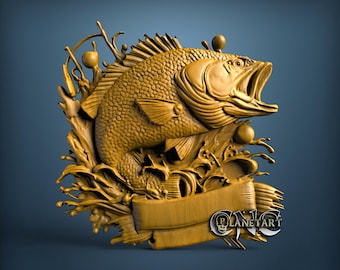 Fiske, 3D STL-modell, CNC-routmaskin, Artcam, Aspire, CNC-filer, Trä, Konst, Väggdekor, CNC