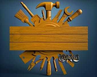 May include: A wooden sign with a collection of carpentry tools arranged around it. The tools include a hammer, saw, wrench, brush, and drill bit. The tools and sign are a light brown color against a blue background.