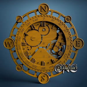 May include: A wooden compass rose with intricate gear details and Roman numerals. The compass points are labeled N, S, E, and W. The design includes the text "PLANETART".