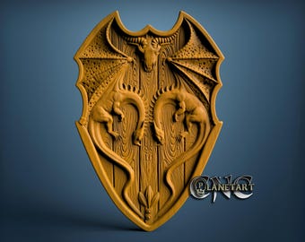Può includere: Uno scudo di legno con un disegno di drago. Lo scudo è scolpito con due draghi che si fronteggiano, con una testa di drago in cima. Lo scudo è di colore marrone chiaro e ha una trama di venature del legno.