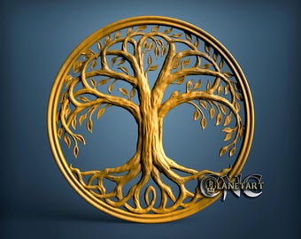 May include: A golden-colored, circular wooden carving of a tree with intricate details. The tree's branches and roots are visible within a circular frame. The design includes leaves and the text "PLANETART CNC".