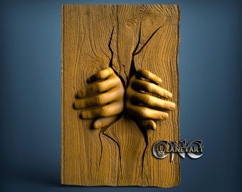 May include: A wooden relief sculpture featuring a pair of hands emerging from a cracked wooden surface. The hands are a warm, golden color, contrasting with the wood's natural grain. The logo "PLANETART" is visible in the lower right corner.