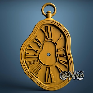 May include: A gold-toned, irregularly shaped wall clock with a melted appearance, featuring raised Roman numerals around a central circular cutout and a top suspension ring. The text PLANETART is visible in the lower right corner of the object.