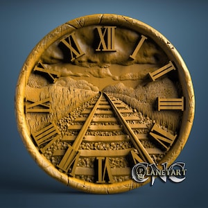 Puede incluir: Un reloj detallado, de color marrón dorado, con números romanos y un diseño de vía férrea. La esfera del reloj presenta un paisaje tallado con una vía férrea que conduce hacia el horizonte, y el texto "PLANETART" es visible.