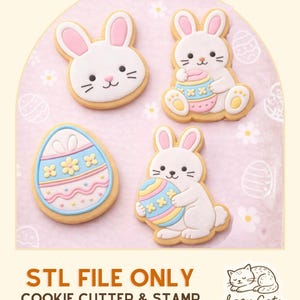 Könnte beinhalten: Ein Bild von vier Oster-Themen-Keks-Designs. Die Kekse umfassen zwei Hasen und ein Ei, alle mit Pastellfarben verziert. Der Text "STL FILE ONLY COOKIE CUTTER & STAMP DIGITAL DOWNLOAD" befindet sich unten.