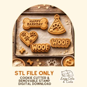 Peut inclure: Des biscuits pour chiens sur une plaque de cuisson. Les biscuits ont la forme d'un os, d'un chapeau de fête, d'un cœur et du mot "WOOF". Les biscuits ont des empreintes de pattes et les mots "HAPPY BARKDAY". L'image comprend également le texte "STL FILE ONLY" et "COOKIE CUTTER & REMOVABLE STAMP DIGITAL DOWNLOAD".