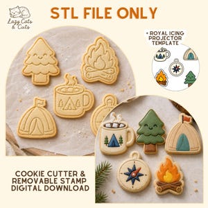 May include: A digital download set of cookie cutters and removable stamps featuring camping themes including a pine tree, campfire, mug, tent, and compass. The image displays the plain cookie shapes and decorated versions with royal icing.