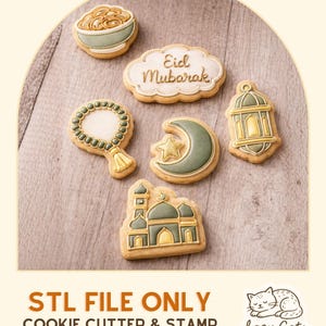 Può includere: Assortimento di biscotti decorati a tema Eid Mubarak. I biscotti includono una ciotola, una nuvola con testo, grani della preghiera, una luna crescente, una lanterna e una moschea. L'immagine include anche il testo "STL FILE ONLY COOKIE CUTTER & STAMP DIGITAL DOWNLOAD" e un logo.