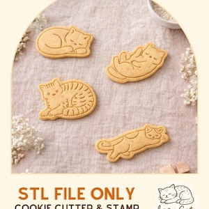 Peut inclure: Quatre biscuits en forme de chat, dans diverses poses, dont dormir et s'étirer, sont présentés. Les biscuits sont brun clair et présentent des motifs gravés détaillés. L'image comprend le texte "STL FILE ONLY COOKIE CUTTER & STAMP DIGITAL DOWNLOAD" et le logo "Lazy Cats & Cuts".