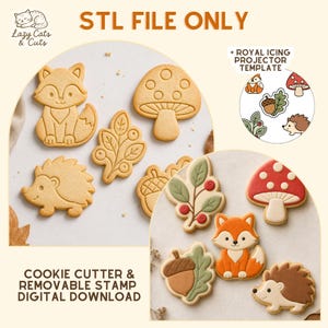 May include: A digital download for a cookie cutter and removable stamp set featuring woodland designs including a fox, hedgehog, mushroom, acorn, and leaf. The image displays the unbaked dough shapes and the finished decorated cookies with icing.