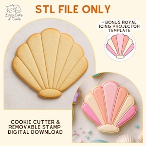 Puede incluir: Una descarga digital para un cortador de galletas con forma de concha y sello extraíble. La imagen muestra una galleta de concha horneada, una galleta decorada con glaseado rosa, melocotón y crema, y una plantilla para proyector de glaseado.