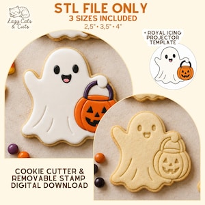 Op de afbeelding: Een digitale download voor een koekjesvorm en stempel in de vorm van een geest met een pompoen. De tekst luidt STL FILE ONLY, 3 SIZES INCLUDED 2,5", 3,5", 4", ROYAL ICING PROJECTOR TEMPLATE en COOKIE CUTTER & REMOVABLE STAMP.