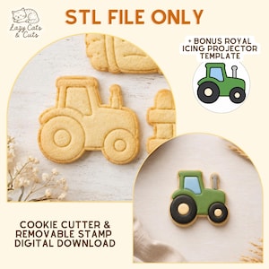 Könnte beinhalten: Digitaler Download eines Ausstechers und eines abnehmbaren Stempels in Traktorform. Das Bild zeigt einen gebackenen Keks in Form eines Traktors sowie eine grüne Traktorgrafik. Der Text auf dem Bild lautet "STL FILE ONLY" und "COOKIE CUTTER & REMOVABLE STAMP DIGITAL DOWNLOAD."