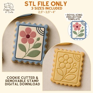 Puede incluir: Un cortador de galletas rectangular con sello en forma de sello postal y diseño floral. El texto incluye STL FILE ONLY, 3 SIZES INCLUDED 2,5", 3,5", 4", ROYAL ICING PROJECTOR TEMPLATE y COOKIE CUTTER & REMOVABLE STAMP DIGITAL DOWNLOAD.