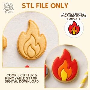 Puede incluir: Una descarga digital para un cortador de galletas y un sello extraíble con diseño de llama. El archivo es solo un archivo STL e incluye una plantilla de proyector de glaseado real. La forma de llama se muestra como galleta y decorada.