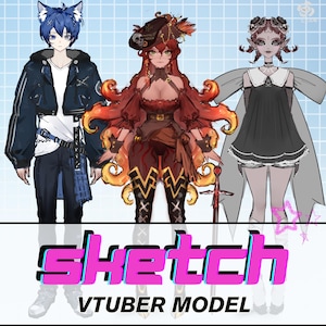 Op de afbeelding: Digitale illustratie van drie personages in anime-stijl. De personages zijn onder meer een blauwharige persoon met kattenoren, een roodharige piraat en een grijsgehuidde elf. De tekst "sketch VTUBER MODEL" wordt weergegeven in een levendige roze en zwarte letter.