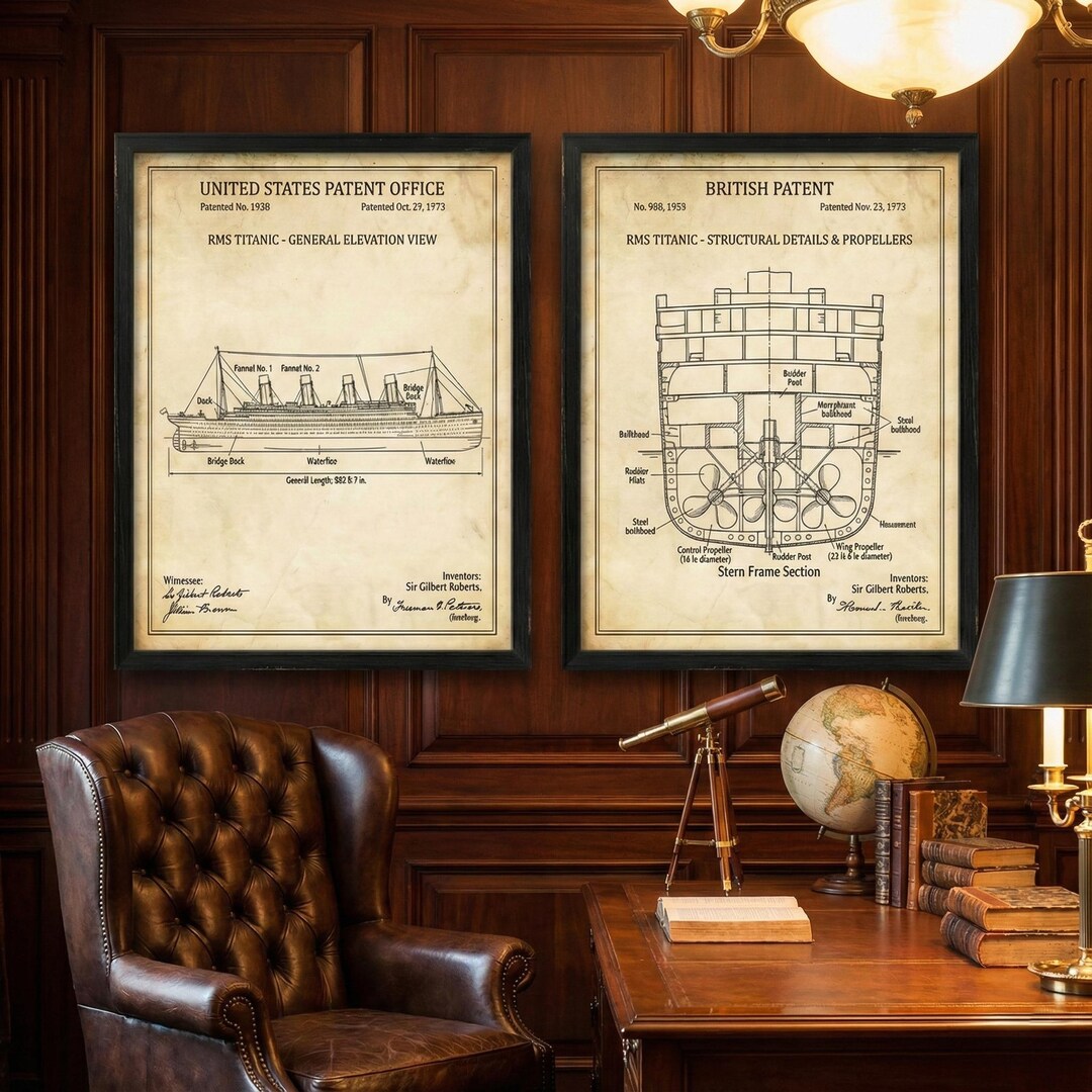 Titanic Patent Print Set | Vintage Nautical Blueprint Art (2 Prints) - Etsy