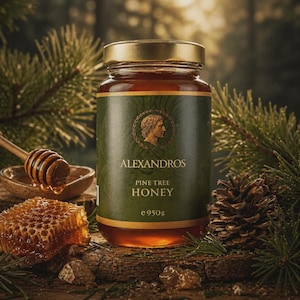 May include: A jar of Alexandros Pine Tree Honey with a gold lid and a green label featuring a profile portrait. A wooden honey dipper and honeycomb are visible. The jar contains 950g of honey.