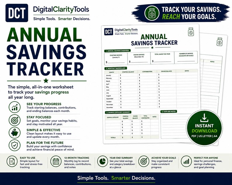 Savings Overview Annual Savings Tracker Printable | Yearly Savings Log | 12‑month ...
