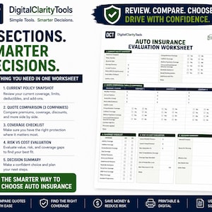 Auto Insurance Evaluation Worksheet | Compare Quotes, Coverage & Premiums | Auto Policy Review Form | Car Insurance Comparison Printable PDF