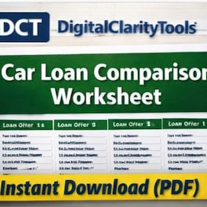 Könnte beinhalten: Ein weißes Arbeitsblatt mit dem Text "Car Loan Comparison Worksheet" in weißen Buchstaben auf grünem Hintergrund. Das Arbeitsblatt enthält Abschnitte zum Vergleich von Kreditangeboten. Das Bild enthält auch den Text "Instant Download (PDF)".