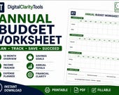Annual Budget Worksheet Printable | Yearly Budget Planner | 12‑Month Income Expense Tracker | Simple Finance PDF