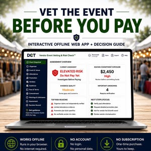May include: A laptop screen displays the Vendor Event Vetting & Risk Check web app interface, showing an assessment overview with elevated risk, commitment exposure of $2,450, and risk reasons. Text includes VET THE EVENT BEFORE YOU PAY.