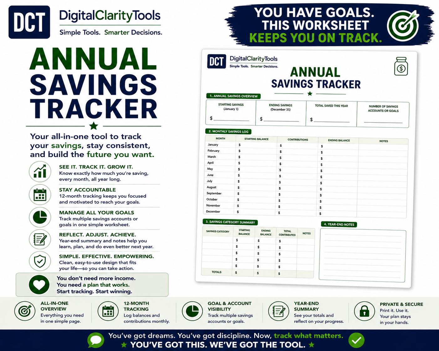 Savings Overview Annual Savings Tracker Printable | Yearly Savings Log | 12‑month ...