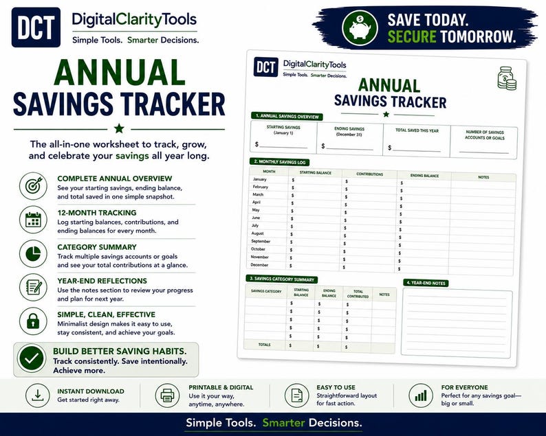 Savings Overview Annual Savings Tracker Printable | Yearly Savings Log | 12‑month ...