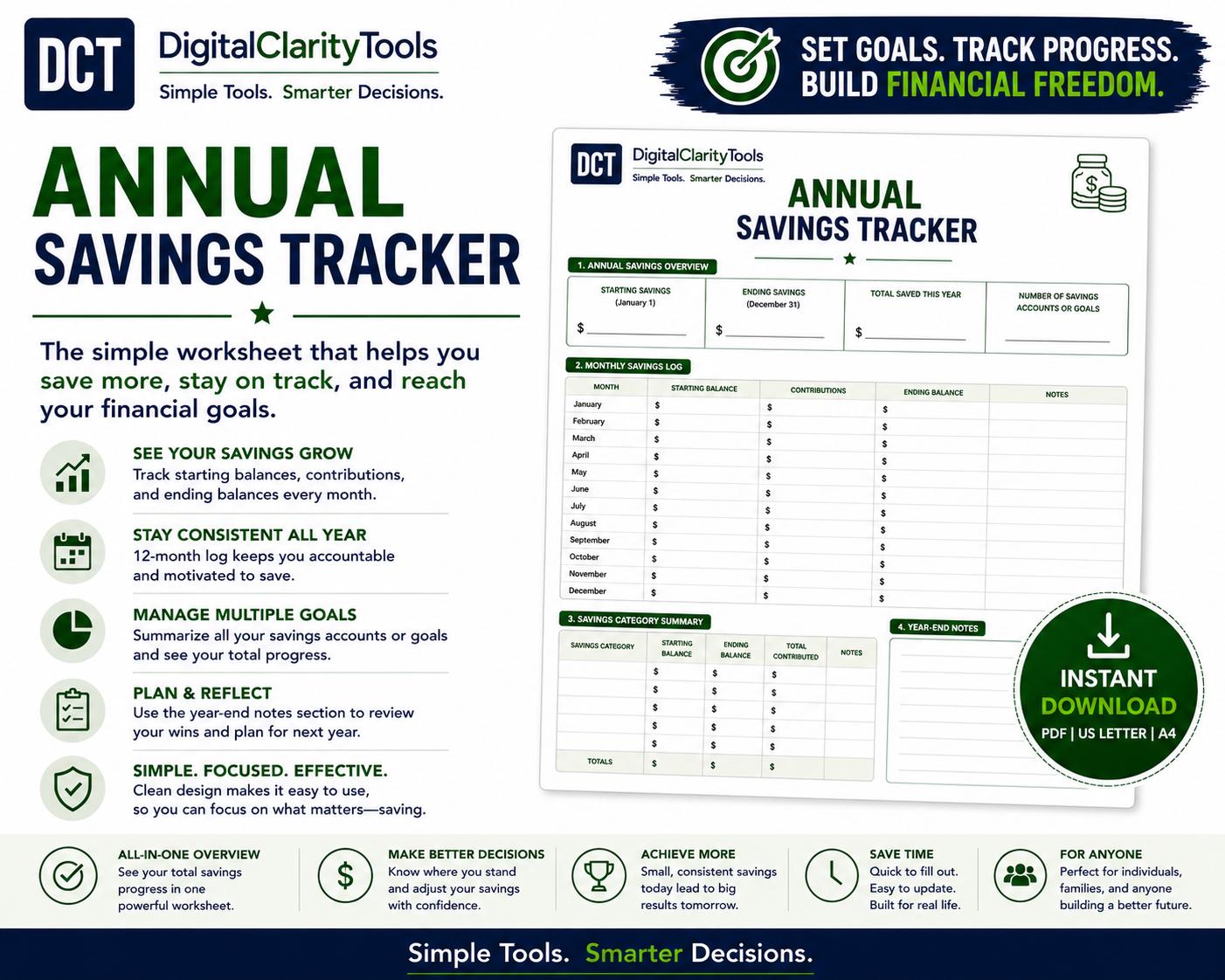 Savings Overview Annual Savings Tracker Printable | Yearly Savings Log | 12‑month ...
