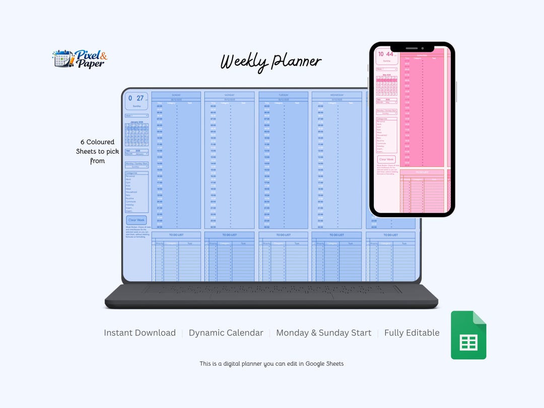 Weekly Planner Template | Google Sheets Digital Planner | 6 Color ...