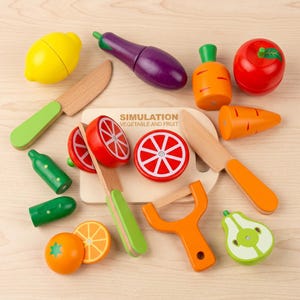 May include: A collection of colorful wooden toy food items, including a lemon, eggplant, tomato, carrot, orange slices, and a pear. The set includes toy knives, a peeler, and a cutting board with the text "SIMULATION VEGETABLE AND FRUIT".
