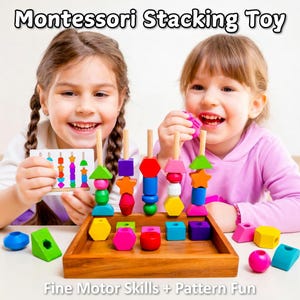 Zestaw zabawek Montessori do układania i nawlekania drewnianych koralików z kartami z wzorami – zabawka edukacyjna rozwijająca małą motorykę dla maluchów w wieku 3+