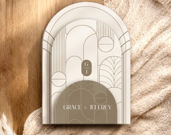 Modern Art Deco Arch Wedding Invitation Suite - White & Gold | Canva Editable Template (Digital Download)