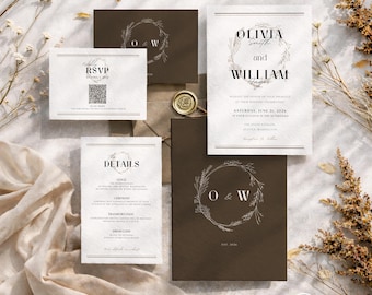 Minimalist Dark Brown Wedding Invitation Bundle with RSVP + Details | Editable Canva Template (Digital Download)