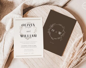 Minimalist Dark Brown Wedding Invitation | Editable Canva Template (Digital Download)